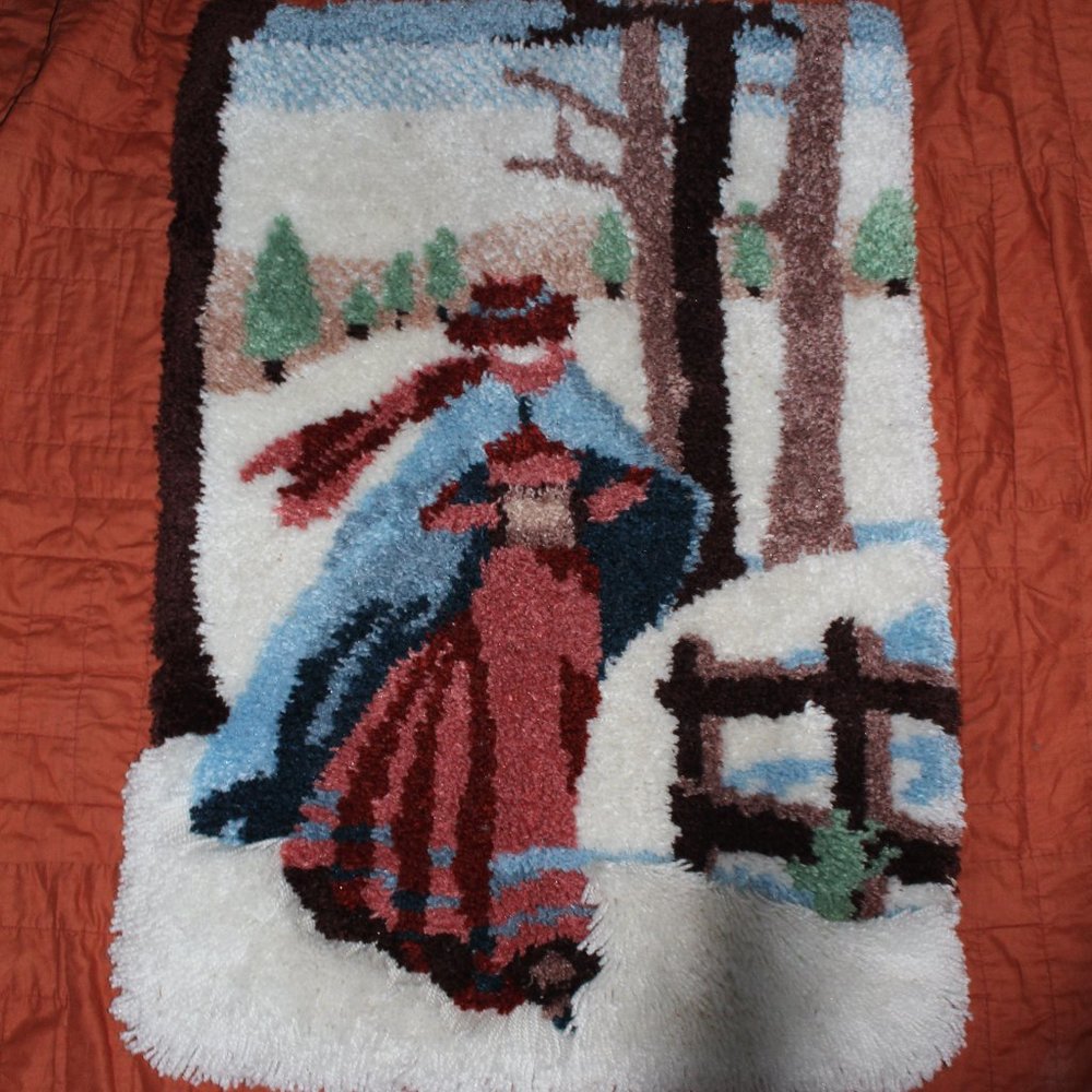 Vintage Wall Hanging  Needlepoint Hook Rug   Snow Scene With Lady  24"x36"